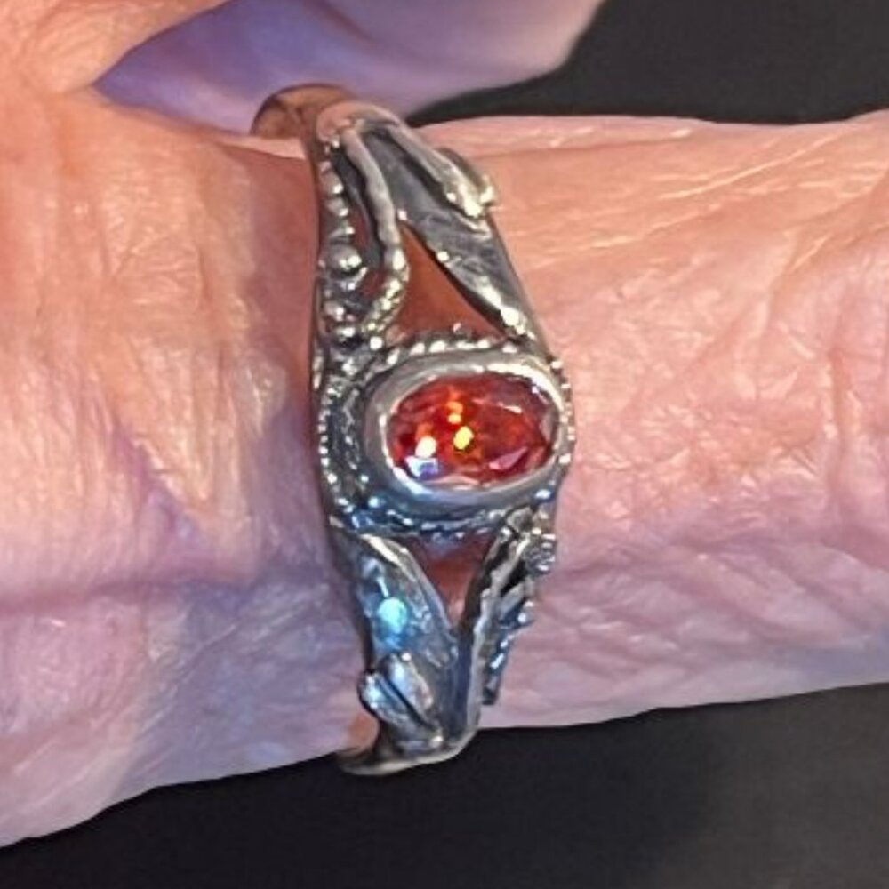 Dainty Vintage Spessartine Garnet & 925 Silver Ring - Size 6
